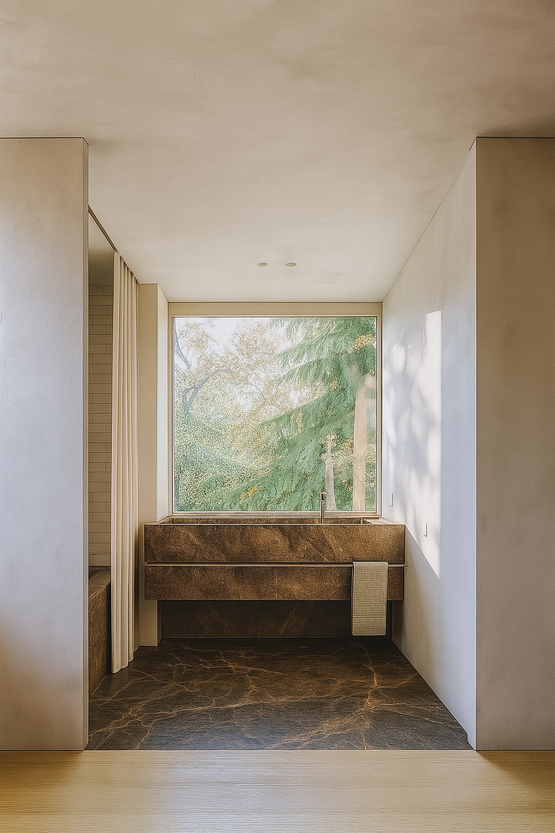 Bad mit großem Fenster und steinernem Waschtisch